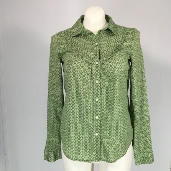 Old Navy Western Style Green White Ditzy Print Shirt XS Long Sleeve Button Woman - Picture 2 of 8